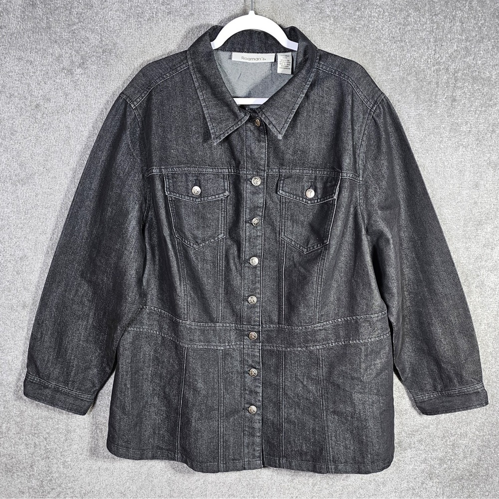 Roamans Denim Jean Jacket Womens 22W Black Button Up Chest Pockets Long Sleeve